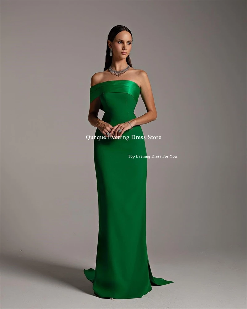 Qunque Elegant Long Green Satin Mermaid Evening Dresses One Shoulder Sleeve فساتين سهرة Pleated Customized Prom Dress for Women