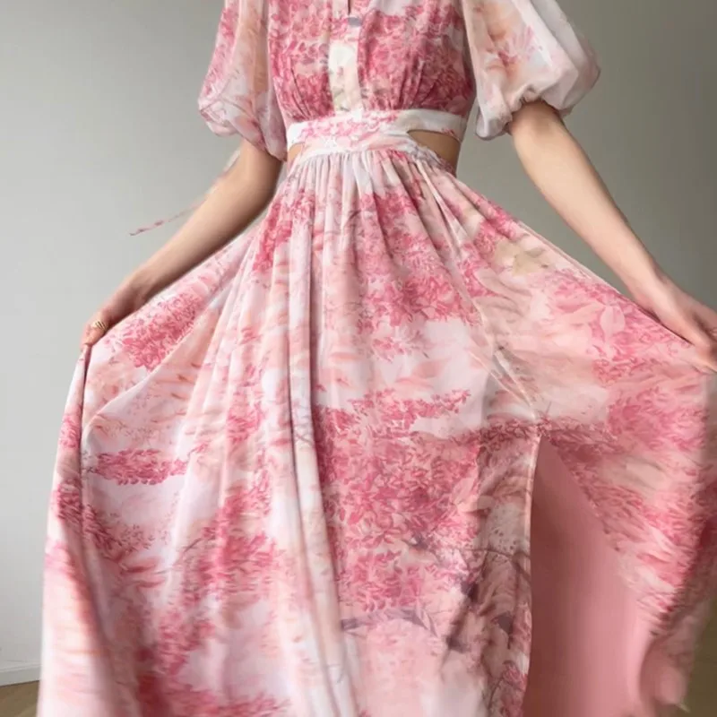 Zomer Dames Bloemen Elegante Casual Midi Lange Jurk Vintage Geplooide Slanke Mode Maxi Boho Vestidos Vrouwelijke Chique Gewaad Mujers Nieuw