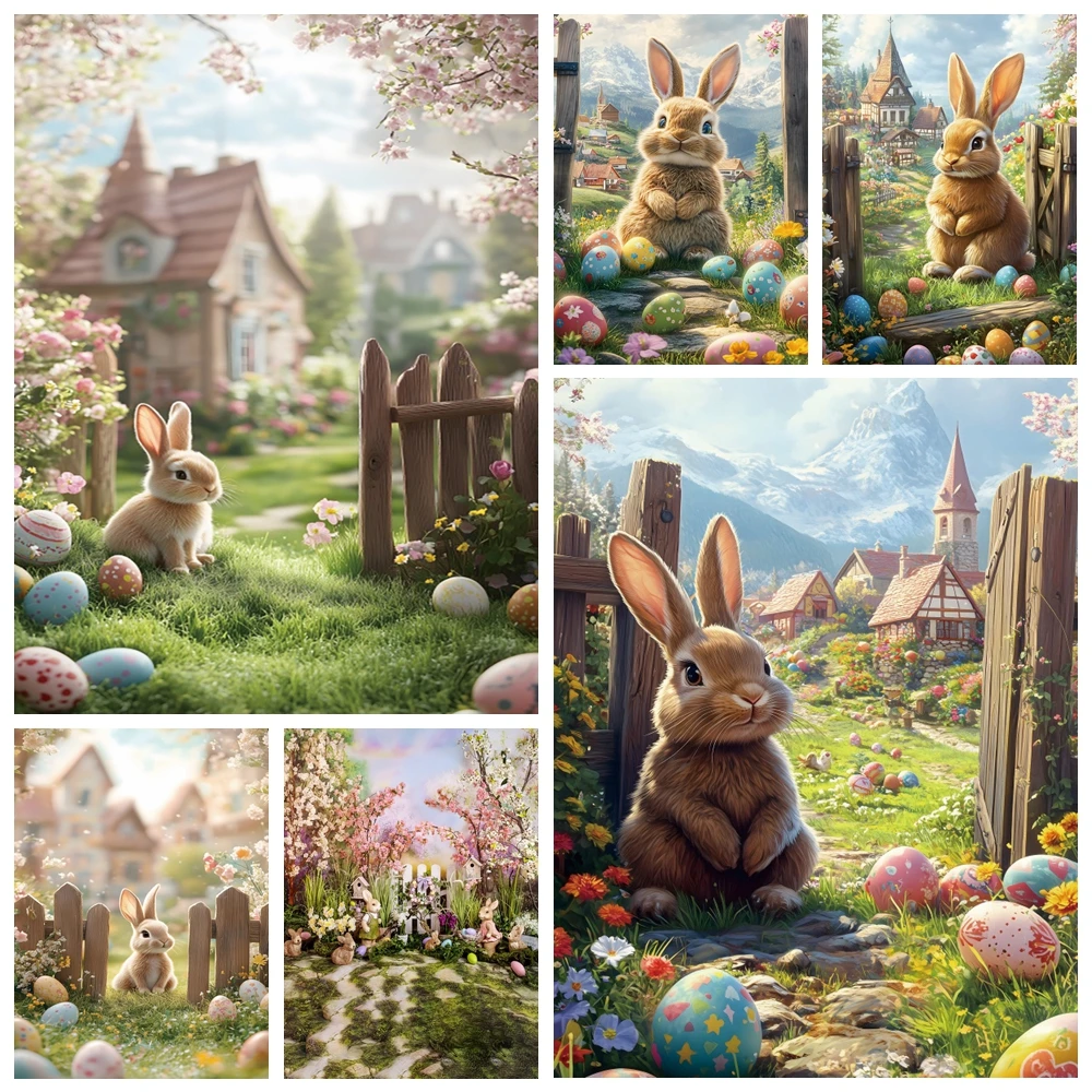 

Cartoon Rabbit Easter Background Spring Garden Color Eggs Green Grass Bunny Easter Baby Portrait Photography Backdrop Photocall