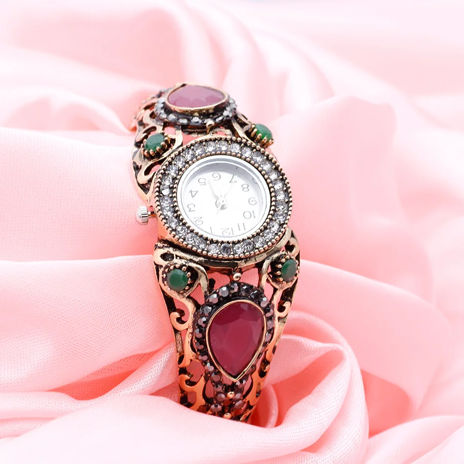 Neovisson High Quality Turkish Women Retro Vintage Bangle Watch Resin Cuff Quartz Wristwatch Antique Gold Color Jewelry