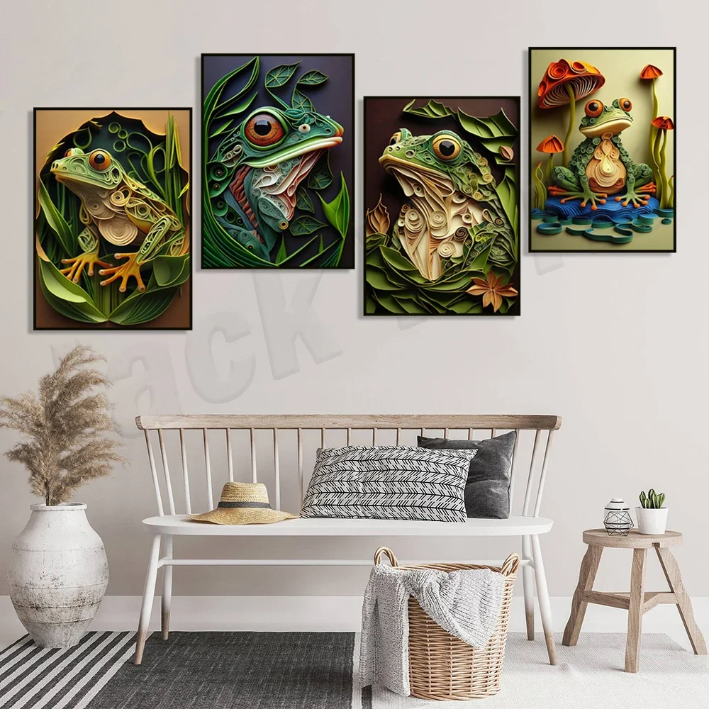 Surreal nature art print frog and mushroom portrait art poster, abstract psychedelic animal art poster