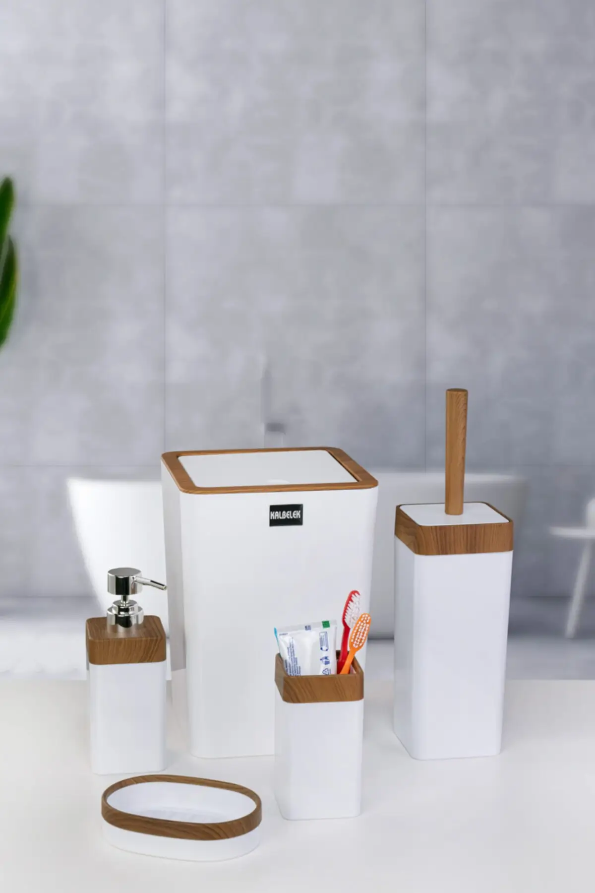 Lux 5 Pcs Aycrilic Bathroom Accessories White Wooden Set Toothbrush Holder Soap Dispenser Brush Liquid Soap Dispenser Trash Can