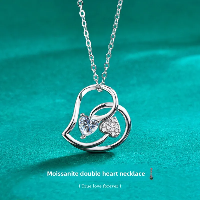 

0.5CT D-Color Double Heart Moissanite Pendant Necklace, Platinum Plated S925 Sterling Silver, Exquisite Collarbone Jewelry