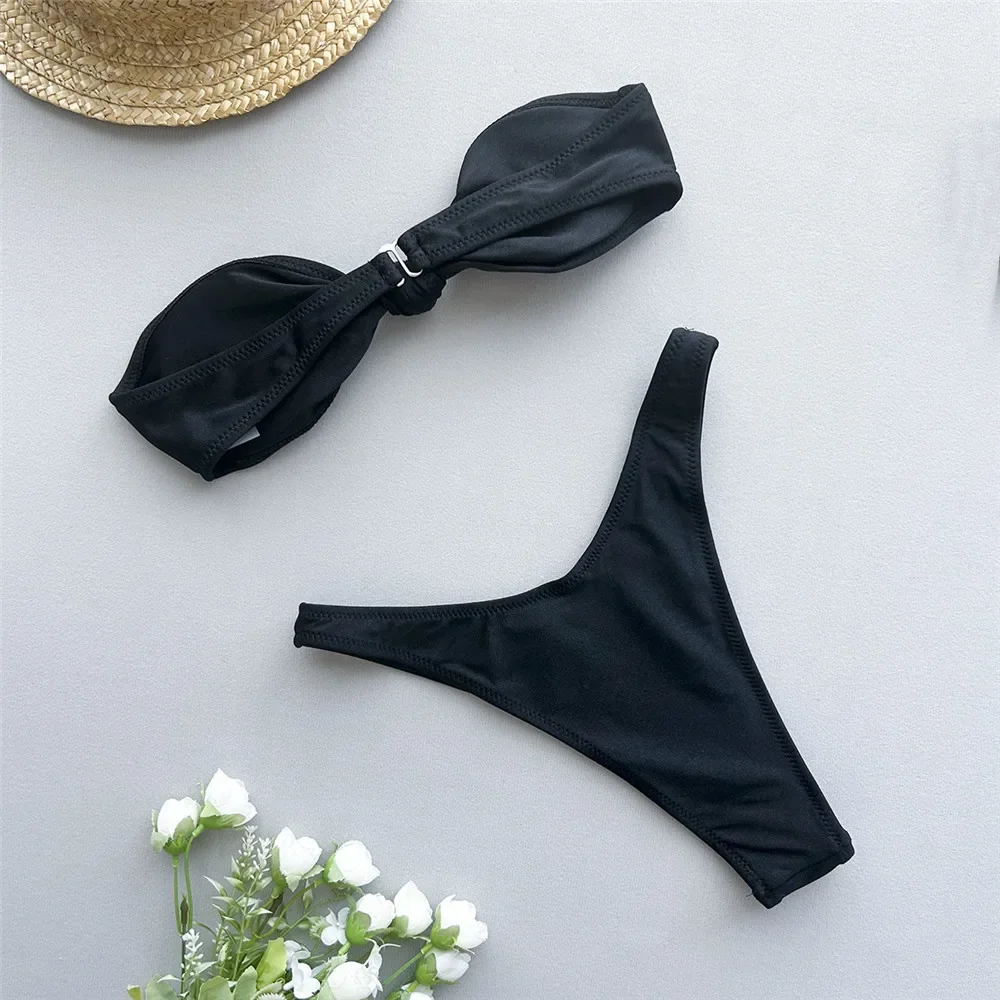 Mini Brown Micro Thong Bikini Bandeau Front Knotted Sexy Swimsuit Women High Cut Bathing Suit Bikinis Sets 2025 Mujer Bather