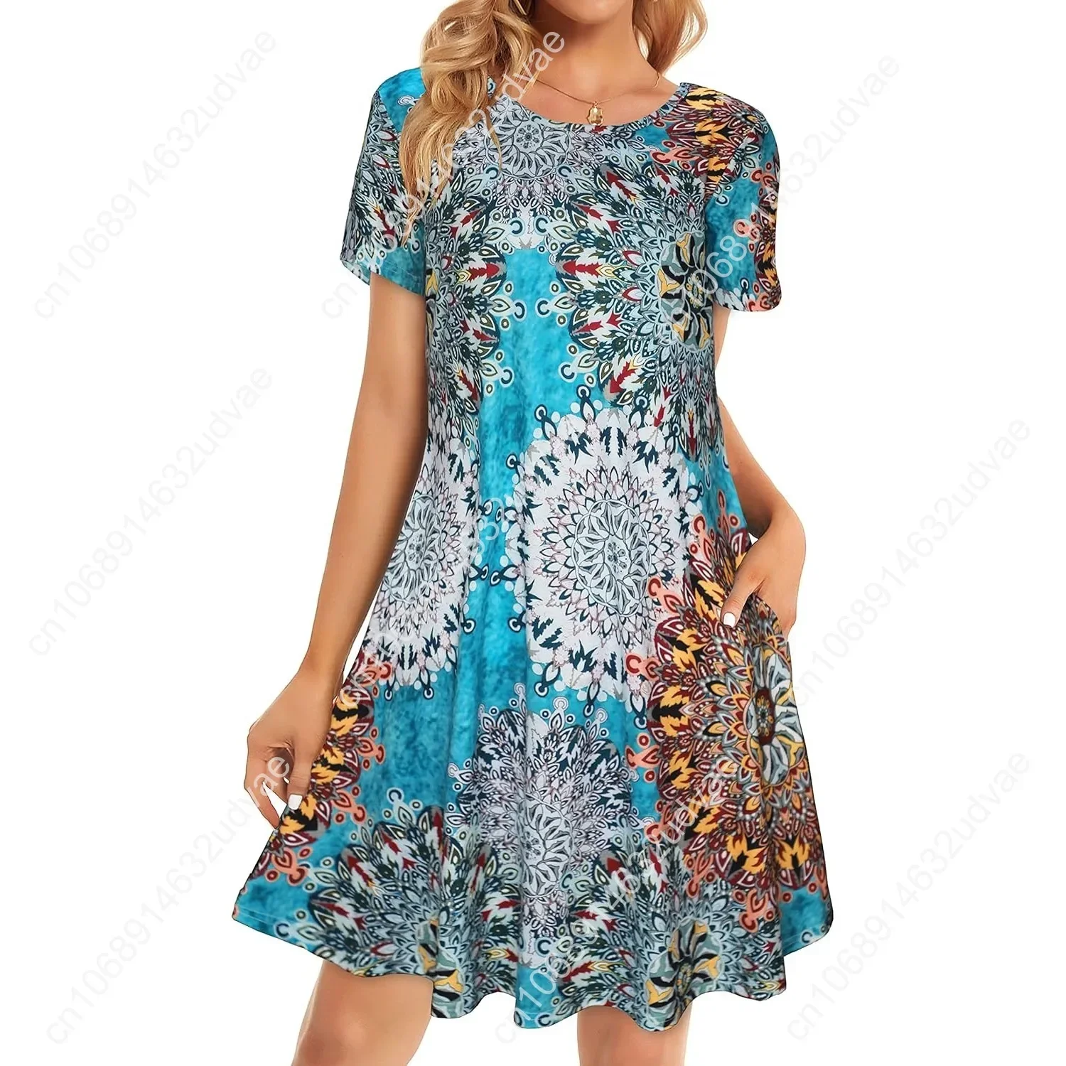 

Womens Summer Dresses Beach Casual Loose Tshirt Floral Short Sleeve Flowy Pockets Sundresses