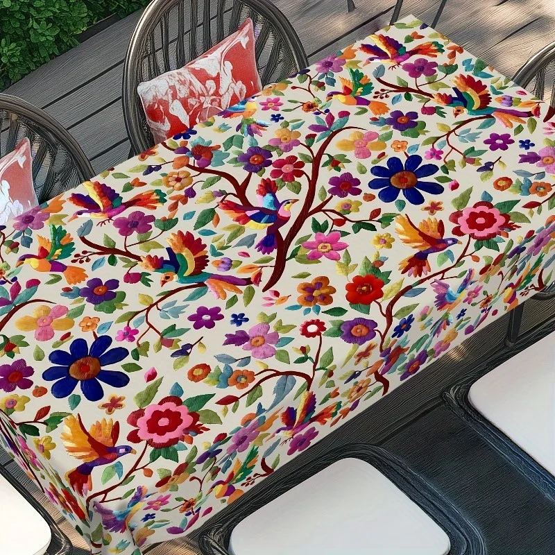1pc Retro Mexican Floral Tablecloth - Round Colored Flowers Table Cover - Suitable for Indoor Usezyc