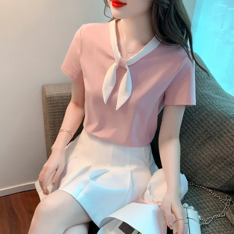 2025 Summer Cotton Blouse Straight Womens Tops Bow Tie Elegant Solid Womens Clothing Sweet Fashion Short Sleeve Blouses T-shirts