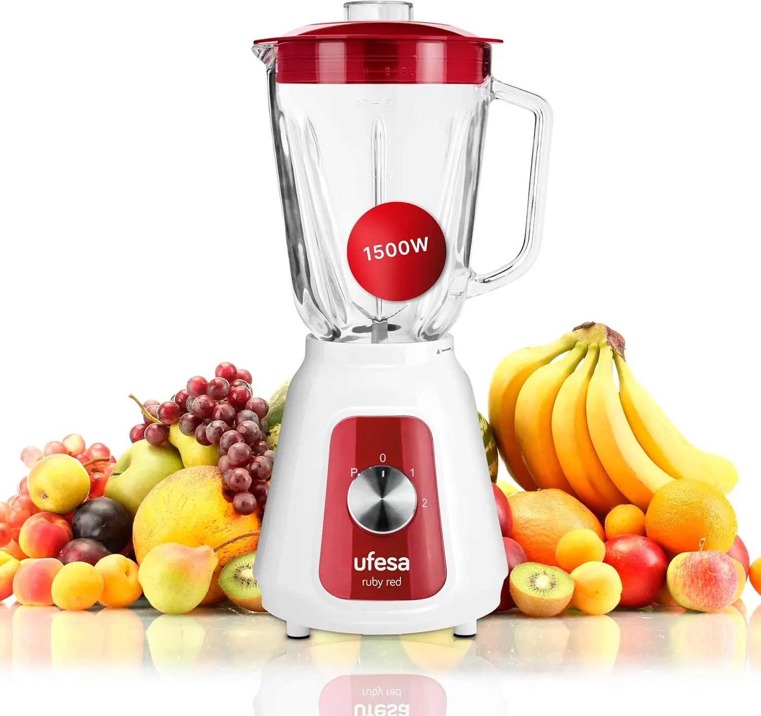 BS4717 Batidora de Vaso Rojo Rubí, 1500W de Potencia Máxima, Jarra de Cristal de 1.5L, 2 Velocidades + Función Pulse, Cierre Hermético, P