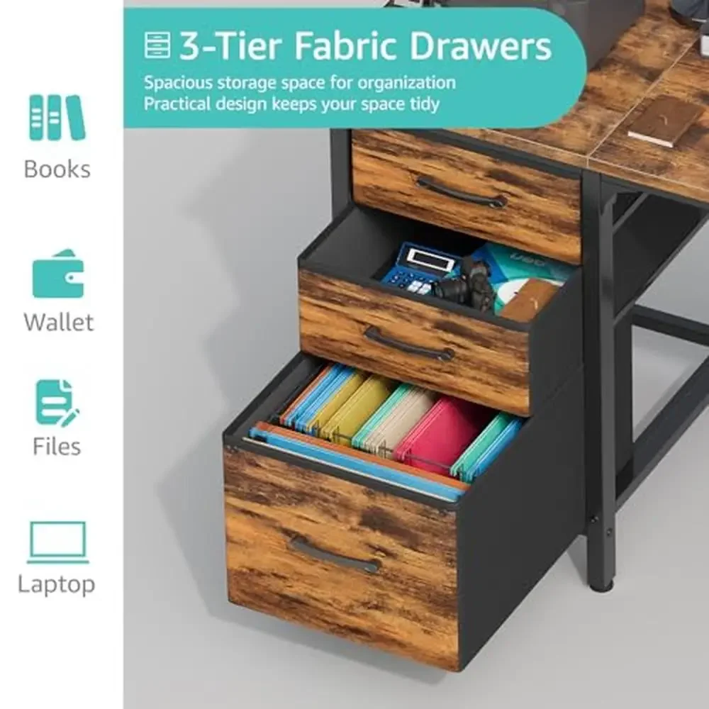 Vintage Style Computer Desk with Filing Cabinet Rustic Home Office Desk Study Writing PC Spacious Workstation Sturdy Steel Frame