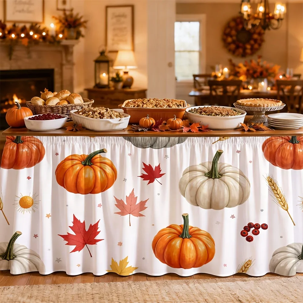 One table skirt. Pumpkin leaves, wheat seeds. Autumn harvest pattern. Polyester autumn-themed decorative table skirt design.