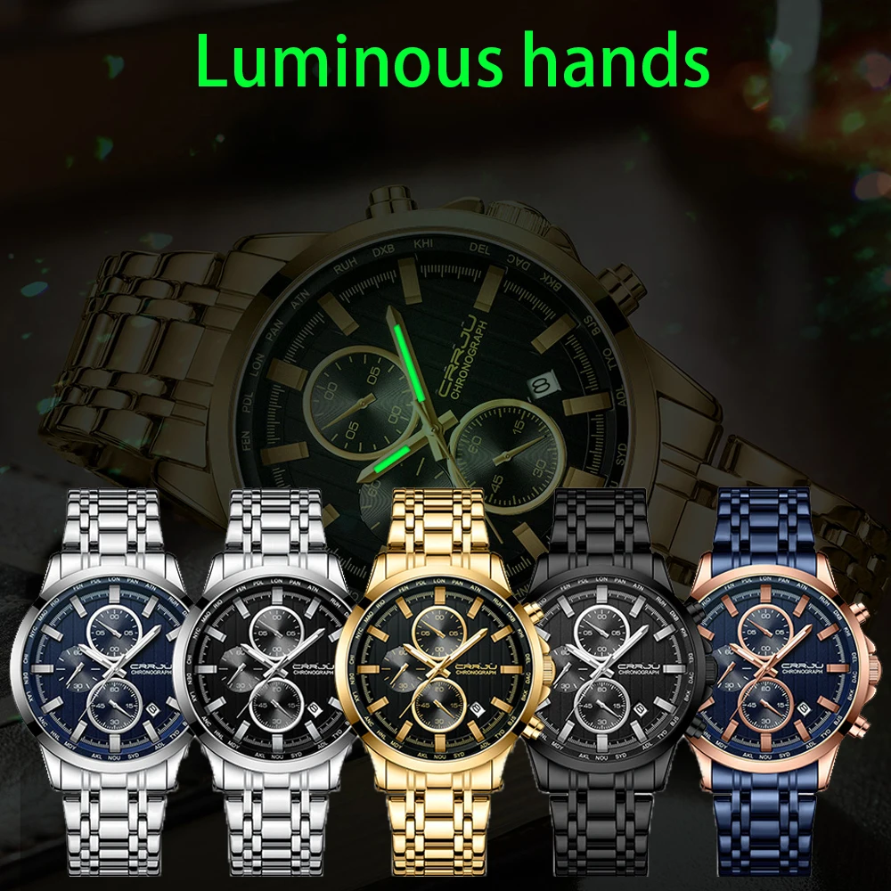 CRRJU Brand Creative Multifunction Male Wristwatch Date Display Stainless steel Men Quartz Watch Waterproof Sports Chronograph