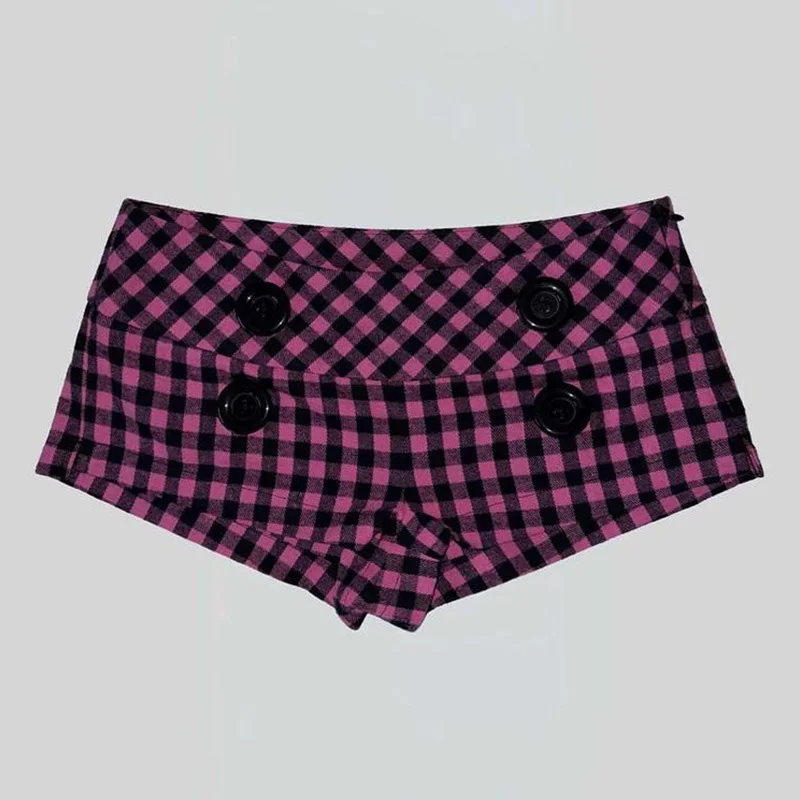 Summer Women Y2K Street Club Gingham Plaid Four Button Decor Low Waist Ultra Short Bodycon Booty Hot Pants Shorts