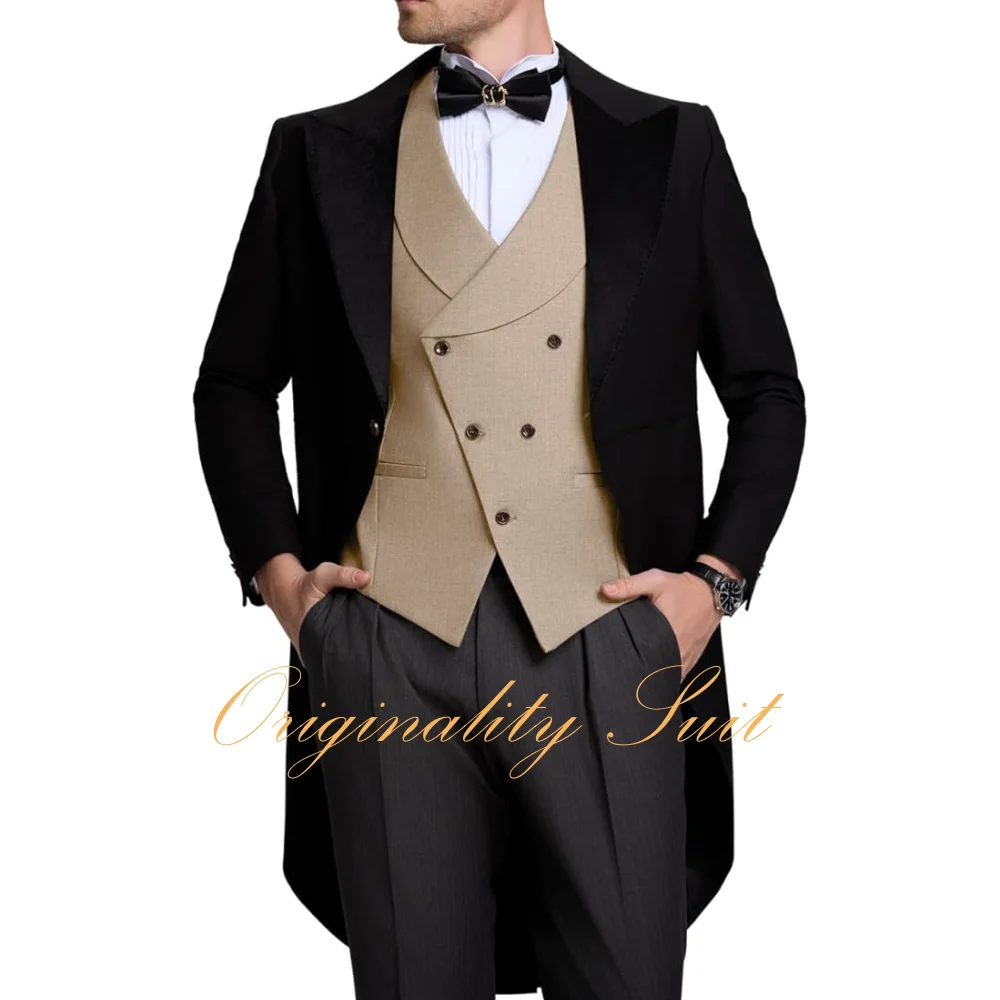 Formal Men's Tuxedo 3 Piece Long Jacket Double Breasted Vest Pants Suit Set Men's Wedding Suit