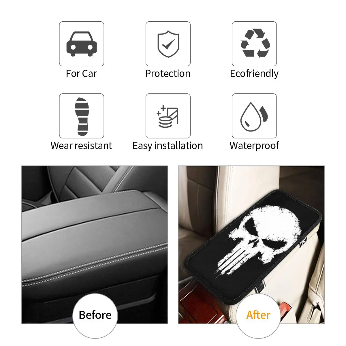 INSTANTARTS Center Console Cover Pad Universal Car Interior Accessories Skull Car Armrest Cover Mat Punisher Storage Box Cover