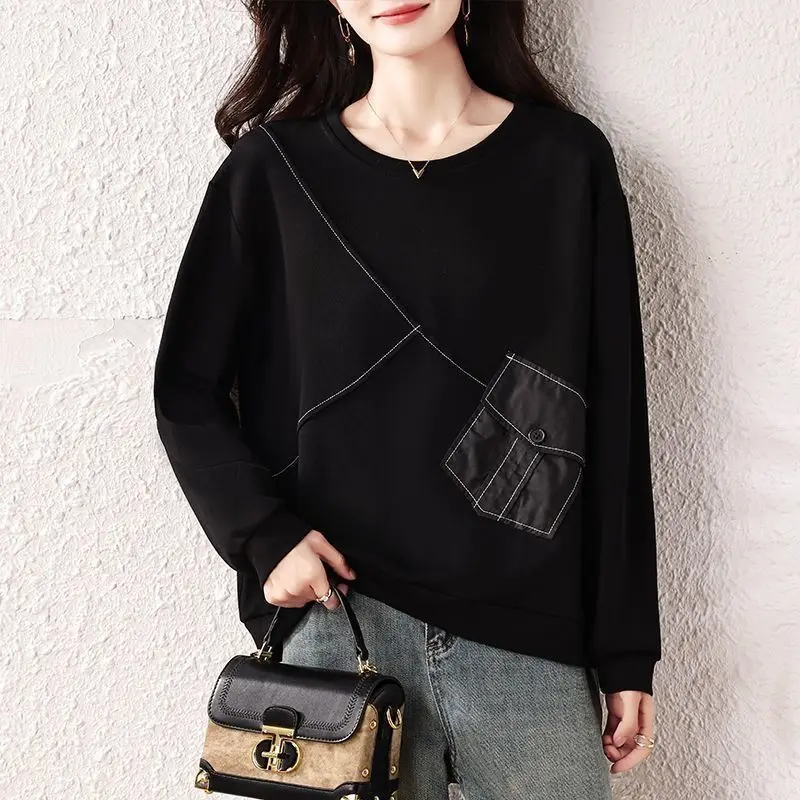 

2026 Spring Autumn Women's Sweatshirt Personality Pocket Patchwork Loose Long Sleeve T-shirt Casual Belly Covering Slimming Top