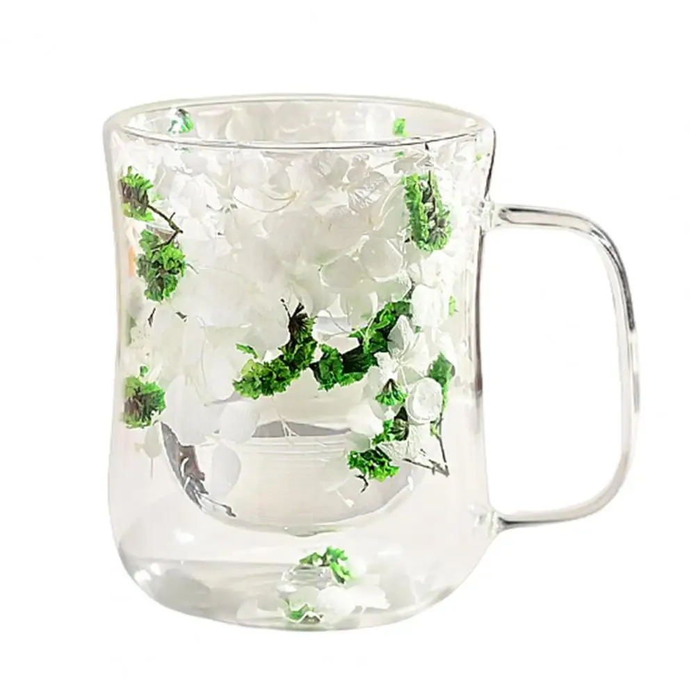 Premium Floral Glassware Elegant Double Walled Glass Cups with Insulated Handle Dried Flowers Heat Resistant for Tea for Touch