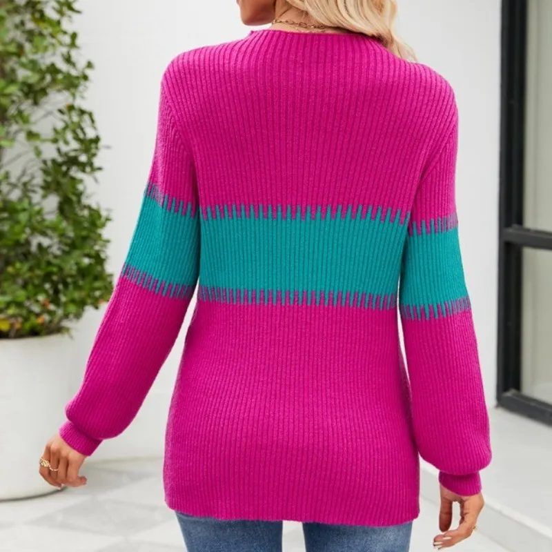 Autumn and Winter Women's Pullover Half High Collar Contrast Screw Thread Patchwork Long Sleeve Sweater Knitted Bottom Tops
