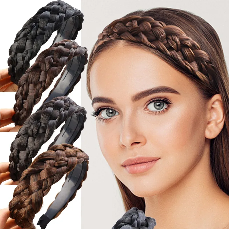 AOSIWIG Synthetic Ladies Hair Wide Fishbone Braids Non-slip Headband Handmade Retro Headband Styling Headwear Accessories