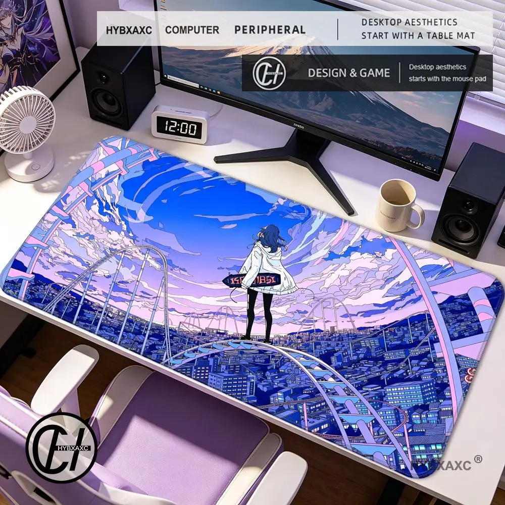 

HYBXAXC Aesthetic Fantasy Cityscape Anime Girl DeskMat Pastel Purple Blue MousePad Extended Non-Slip Rubber Base for Laptop