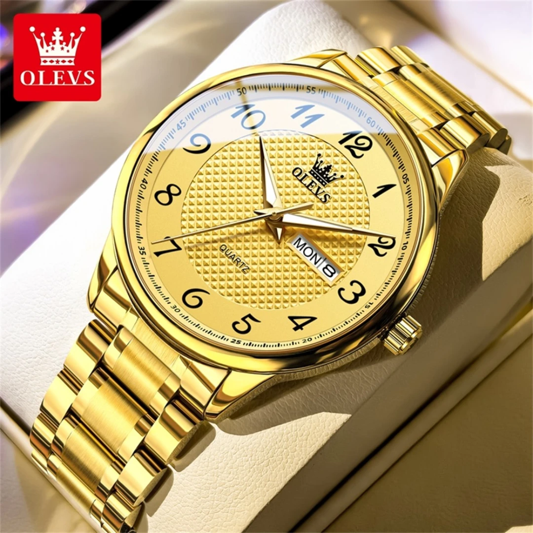 

OLEVS 5667 модные кварцевые часы в подарок с круглым циферблатом из нержавеющей стали, ремешок для часов, наручные часы с дисплеем недели, светящийся календарь