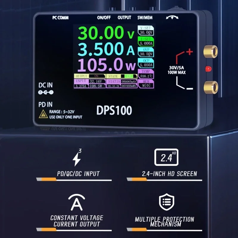 

DPS100 30 В 5 А Портативный источник питания постоянного тока Выход 100 Вт Цифровой регулируемый стабилизированный источник питания постоянного тока с ЧПУ Тип-C Входной порт постоянного тока