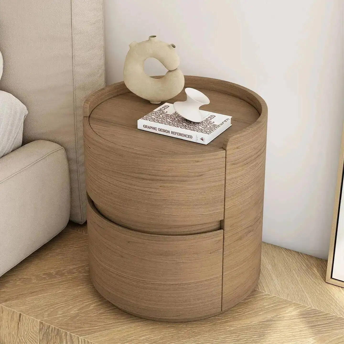 Nordic Barrel Bedside Table Bedroom Walnut Creative Texture Drawer Storage Cabinet Modern Furniture