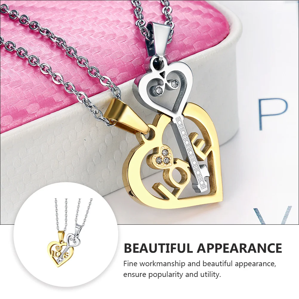 

1 Set Love Heart Key Pendant Necklace Stainless Steel Classic Couple Jewelry Gift For Valentine'S Day Decorative Collarbone