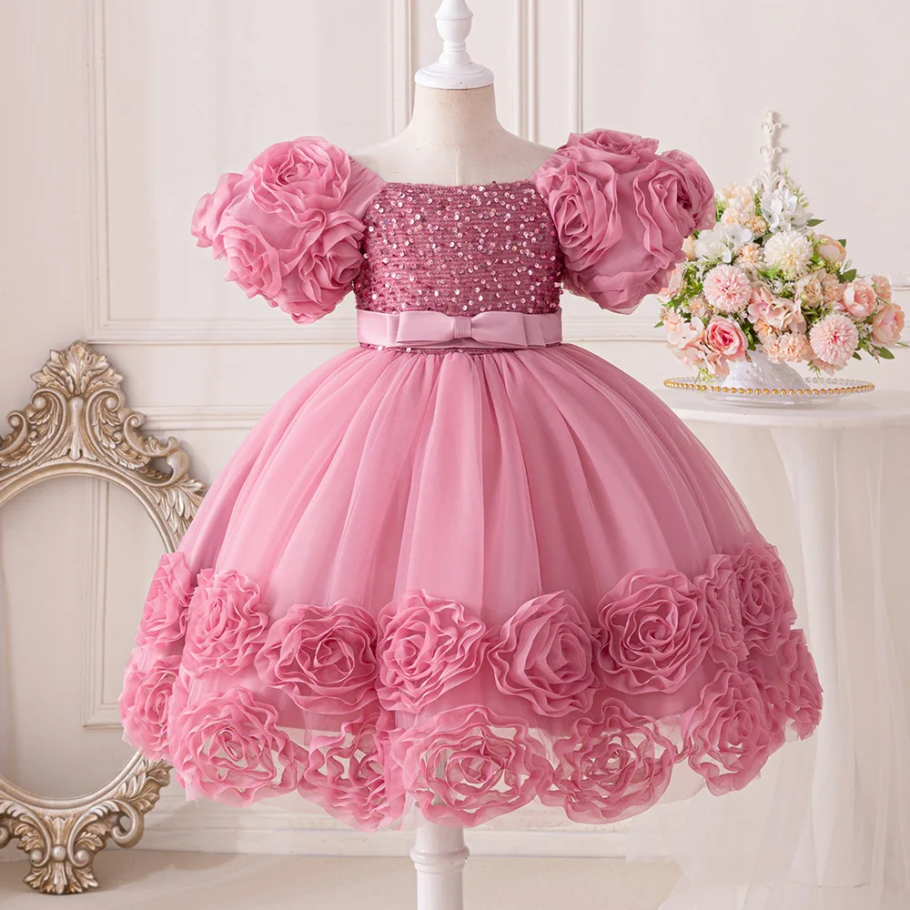 HETISO Girls Princess Sequins Dresses Toddler Kids First Birthday Ball Gown Children Wedding Christmas Party Frocks 2 4 6 8 Year