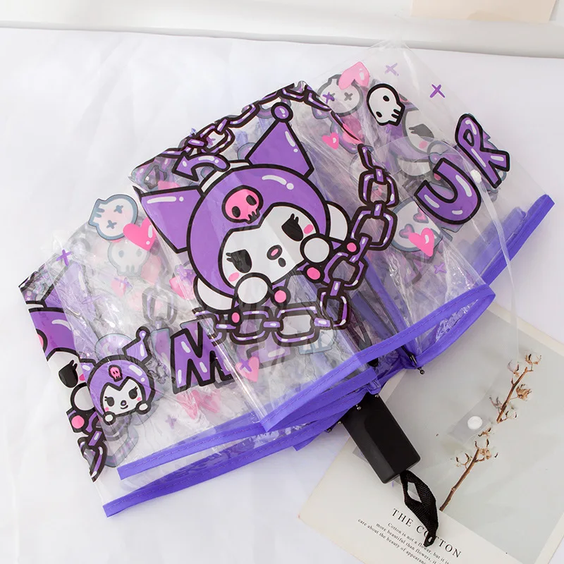 

Sanrio kawaii Japan's Kulomi Transparent Umbrella Three-fold Umbrella Automatic Net Red Photo Cute Folding Girl Heart Purple