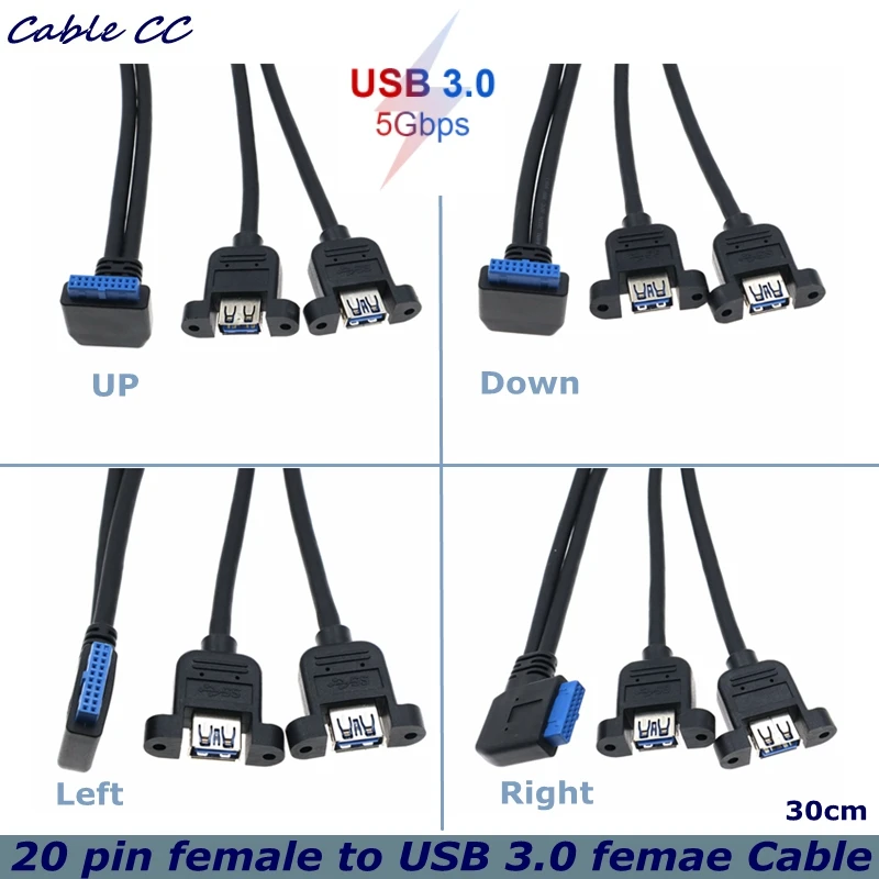 20Pin Fe-Male to Dual Port USB 3.0 A Female Panel Cable USB 3.0 Motherboard 19/20 Pin Female to 2 Ports 90 °Right Elbow