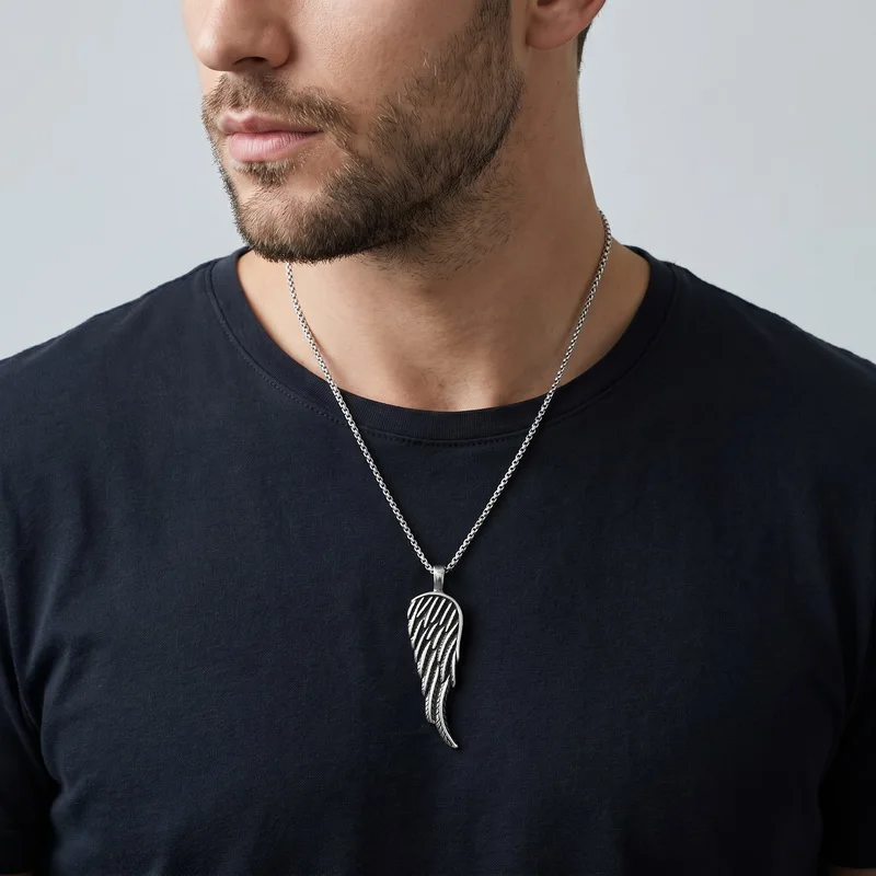 Kalen Vintage Antique Stainless Steel Angel Wing Pendant Necklace for Men Women Gothic Retro Feather Talisman Box Chain Jewelry