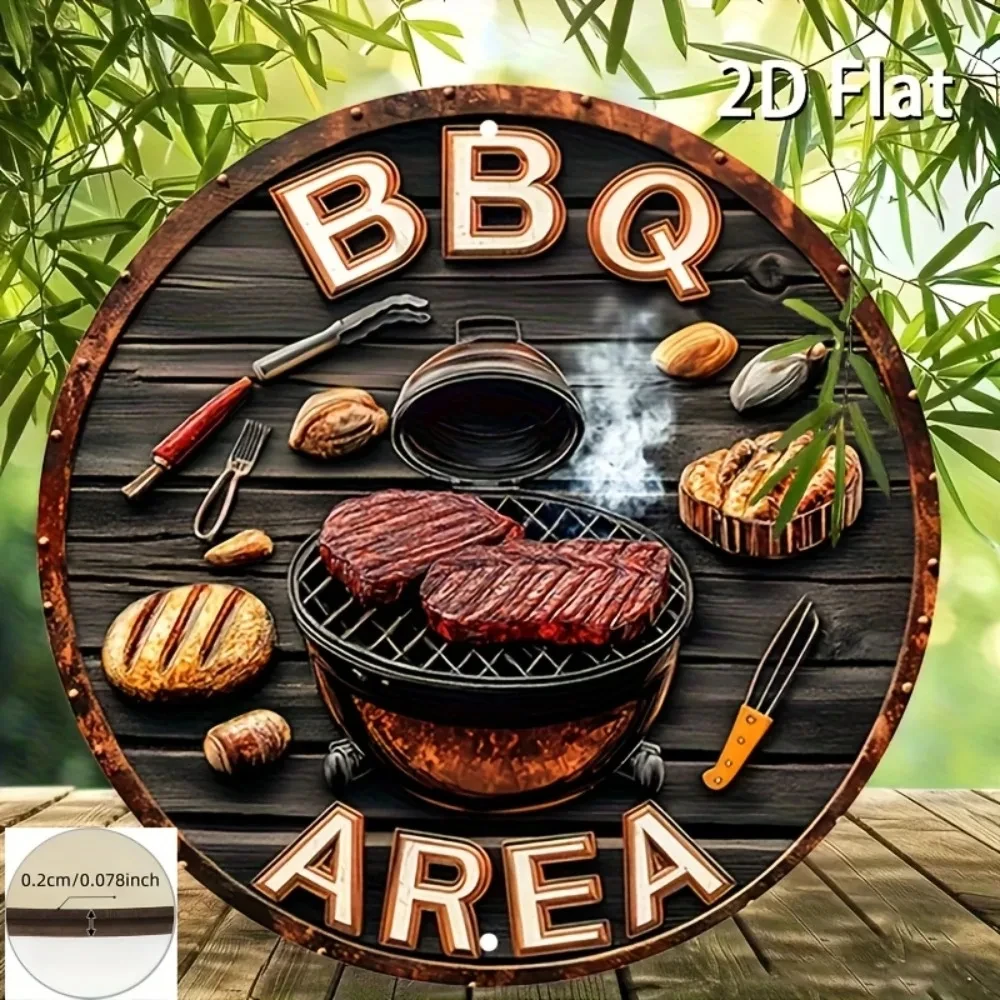 Metal Barbecue Area Hanging Decoration 2D Flat Retro Wall Art Outdoor Decoration Suitable for Terrace, Cafe, Bar Counter