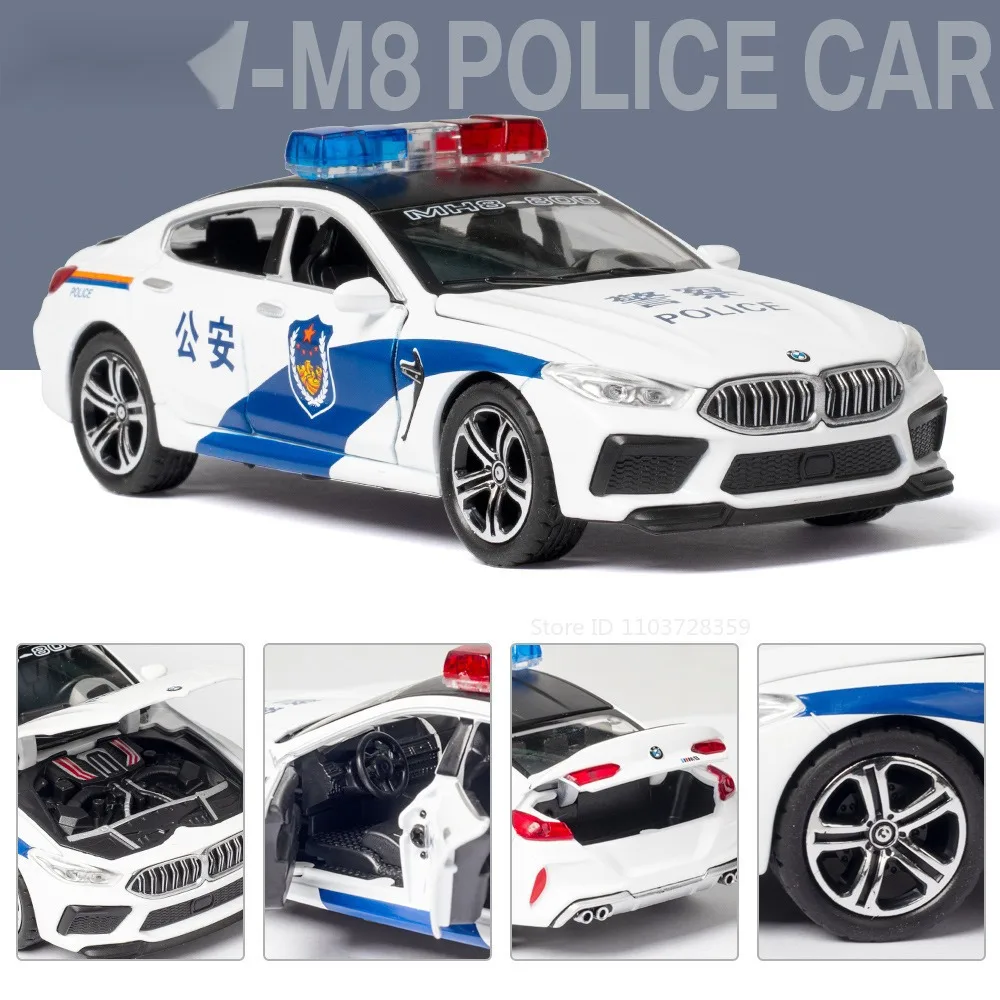 1:32 M8 M4 Police Car Toy Models Metal Diecast SWAT Cars Sound Light Doors Opened Pull Back Rubber Tires Boys Educational Toys