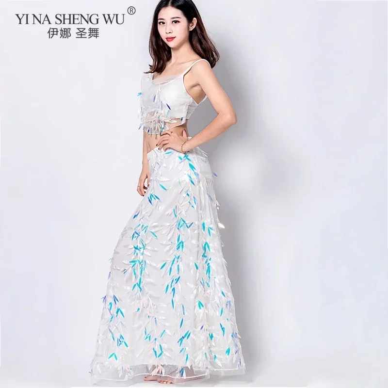 

Комплект одежды для танца живота, тренировочное представление для начинающих, длинная юбка с листьями ивы, восточная танцевальная одежда из сетчатой пряжи для женщин