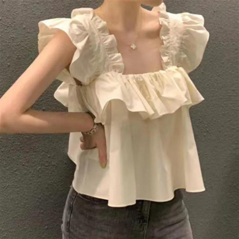 

Korean Chic Square Collar Ruffles Patchwork Top Summer Sweet Flying Sleeve Shirt Women 2025 New Loose White Blusas Mujer