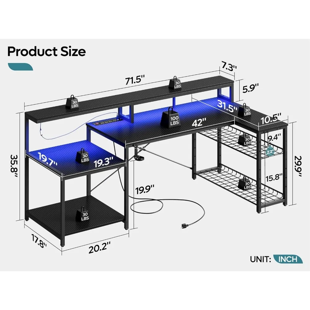 LED Computer Gaming Table com Monitor Stand, L Shaped Grande Mesa, Metal Prateleira, Móveis para Quarto, PC, 71,5"