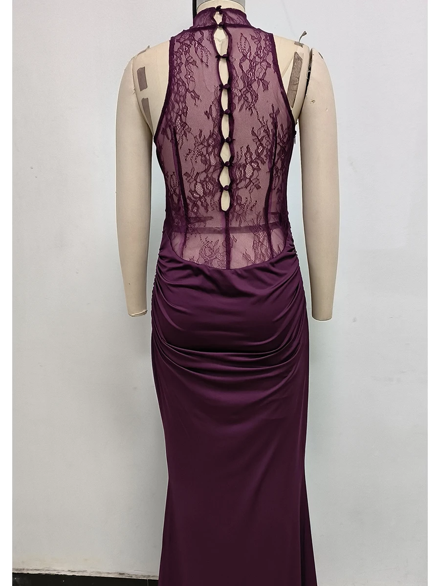 Robe longue en Satin et dentelle pour femmes, Sexy, décolleté en V profond, dos nu, fendue, robe de soirée avec gants, tenues de luxe élégantes