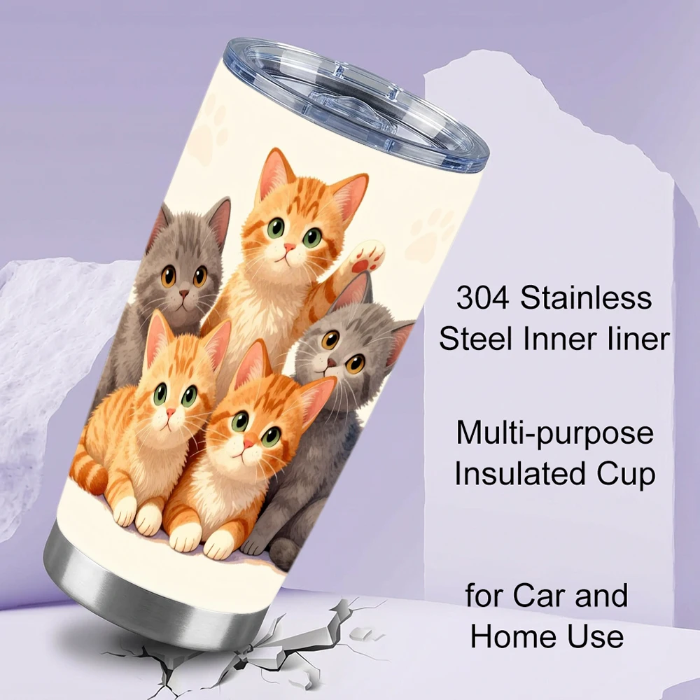 Cute Cats 304 Stainless Steel Insulated Tumbler - 20oz Vacuum Travel Mug with Lid, Thermal Cup for Car & Home, Cat Lover Bottle