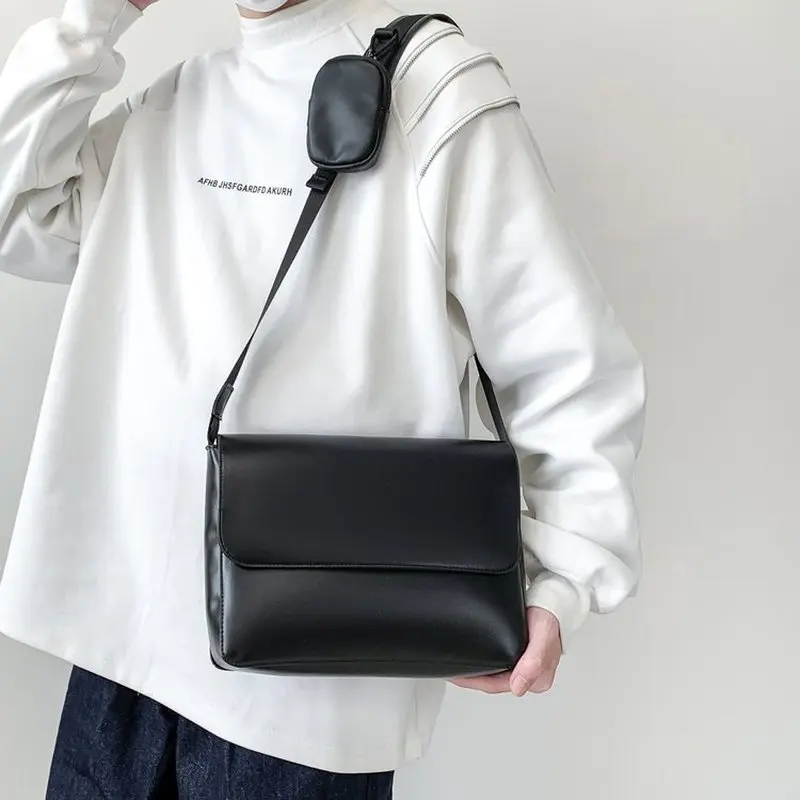 Casual Leather Surface Crossbody Bag Men's Messenger Bag with Small Hanging Bag Flip Cover Commuter Single Shoulder Bag