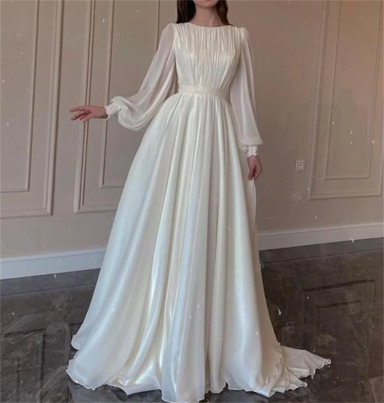 Simple White Wedding Dress Round Neck Long Sleeve Evening Gown Chiffon Elegant Summer Formal Occasion Latest Style 2023