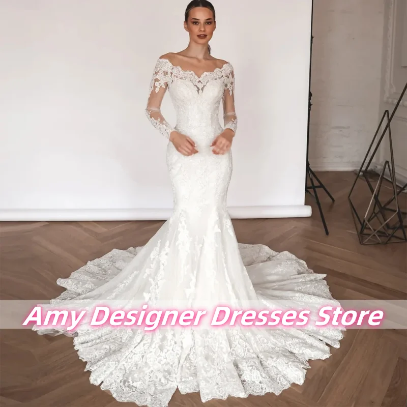 

Boat Neck Mermaid Lace Wedding Dresses Beaded Appliques Long Sleeves Bridal Gowns With Detachable Train Females Customized