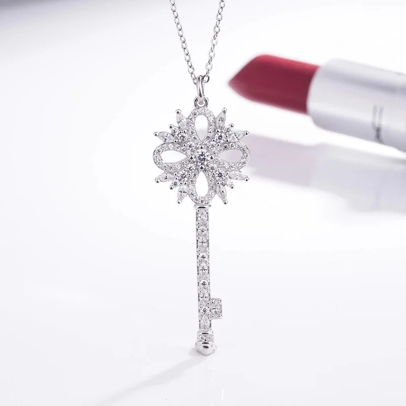 S925 Pure Silver Snowflake Key Necklace Sweater Collarbone Chain Pendant