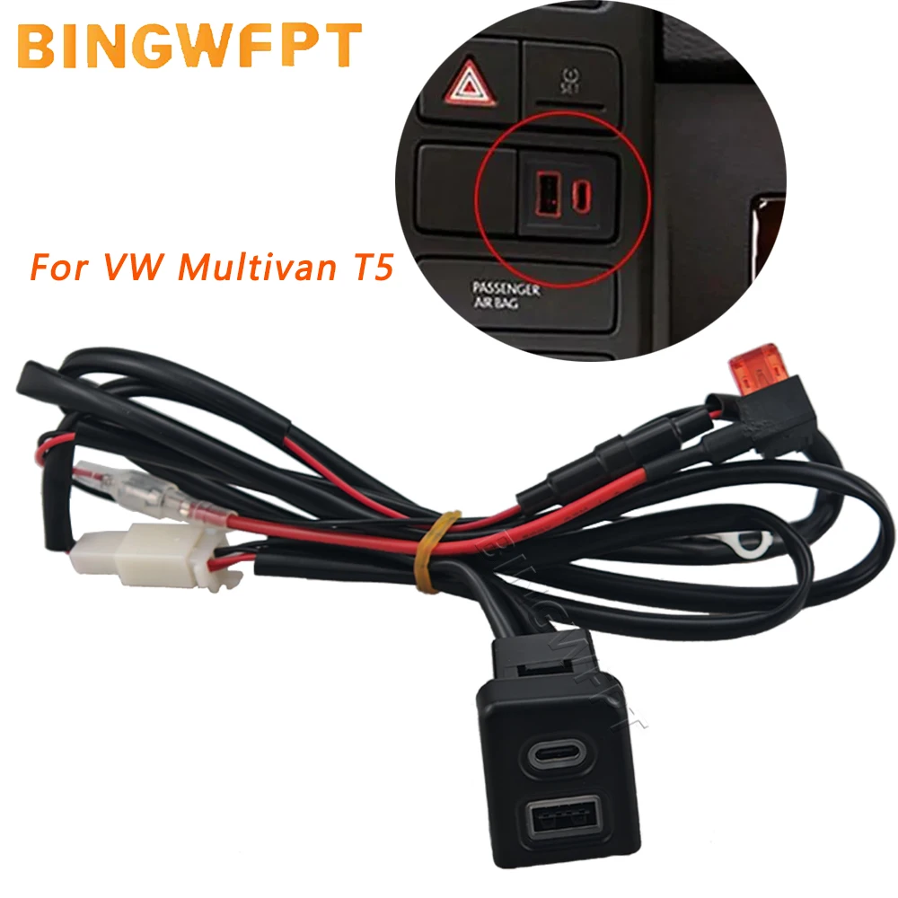 Dual Port Car Fast Charger Socket QC3.0 Type‑C PD Power Adapter For Volkswagen Multivan T5 2003-2007 2009-2015 Auto Accessories