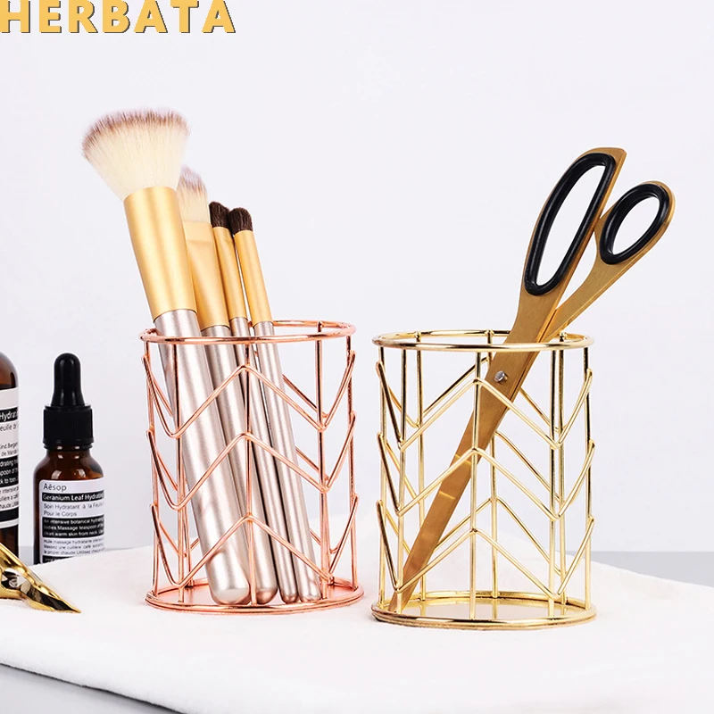 Rose Gold Hollow Pen Pencil Holder Multifunction Iron Pen Pencil Organizer Makeup Brushes Storage Desk Stationery Decor CL-2517