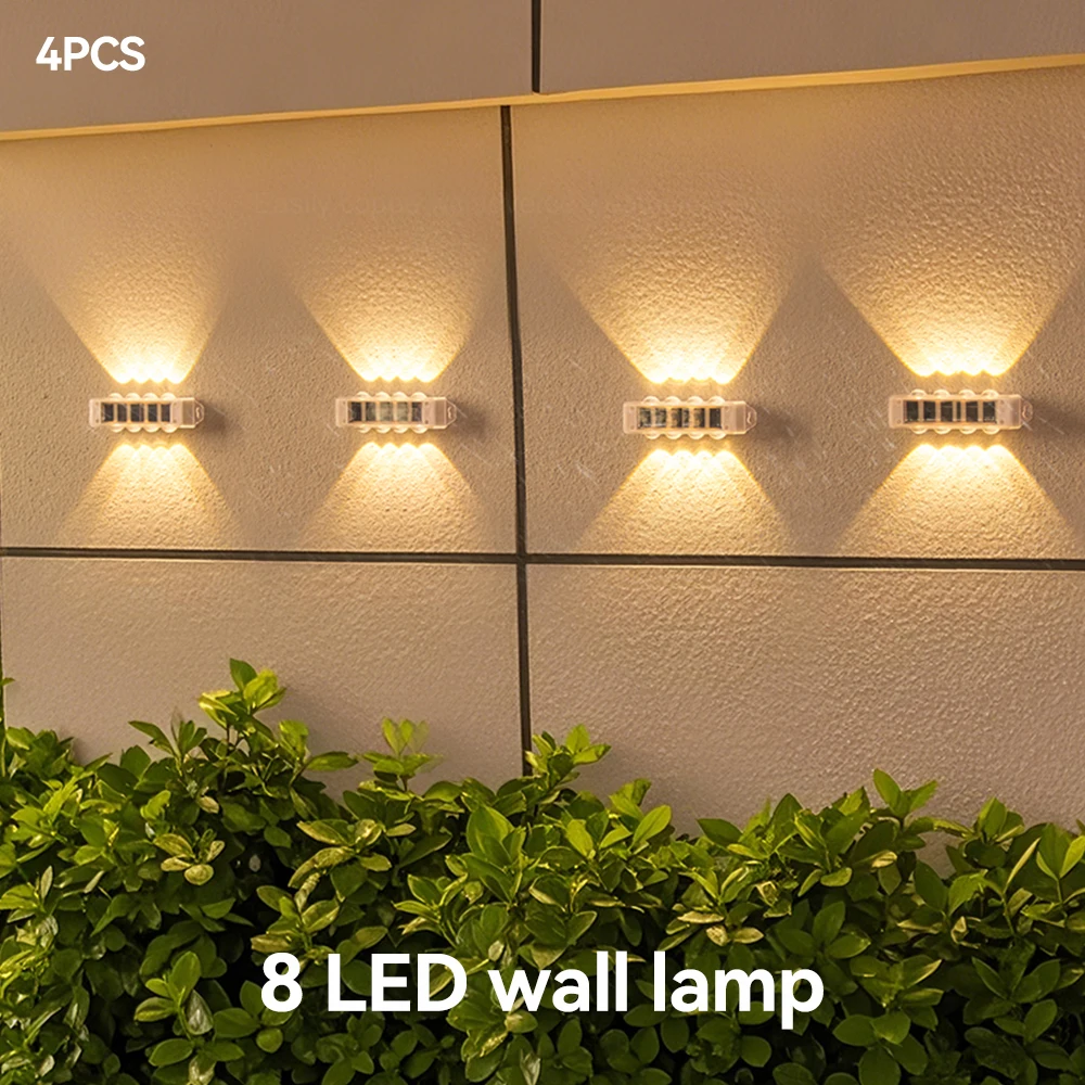 4 Stück Solar-Wandleuchten, 8 LEDs, warmweißes Licht, wasserdicht, für den Außenbereich, mit automatischer Ein-/Ausschaltfunktion, einfache Installation, ideal für die Dekoration von Innenhöfen, Gärten und Zäunen. – Detail 6