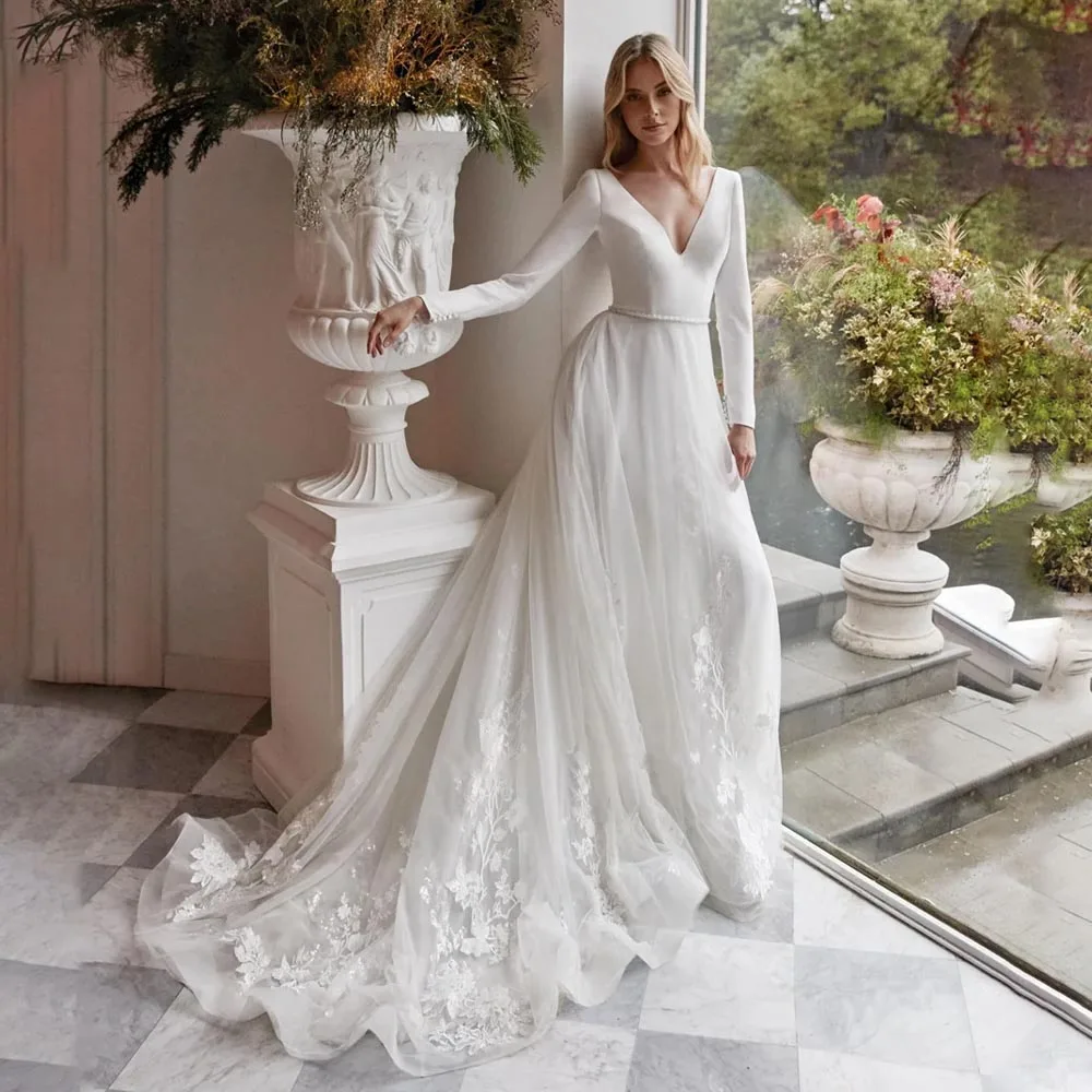 

Boho A Line Women's Wedding Dresses Lace Appliques V Neck Classic Bride Dress Long Sleeve Customized Vestido De Noivas