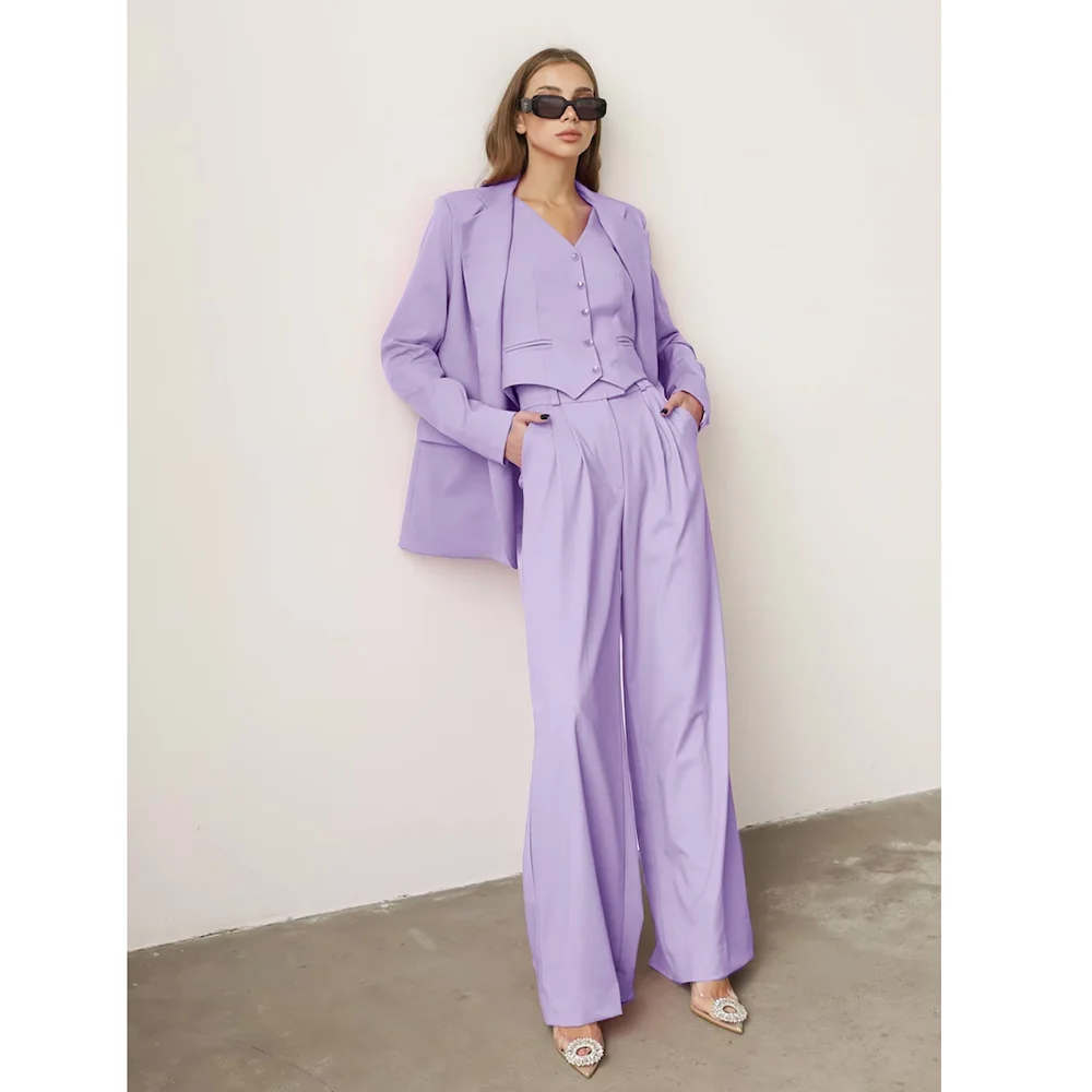 Summer Lilac Women Suits Formal Notch Lapel Office Lady Daily Casual Outfits Chic Business Fashion Solid Pants Sets 3 Piece