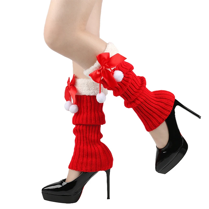 Christmas Leg Warmers Cute Pom Bow Furry Trim Knit Ribbed Leg Warmers Women's Knee High Socks Boot Cuffs Slouch Socks