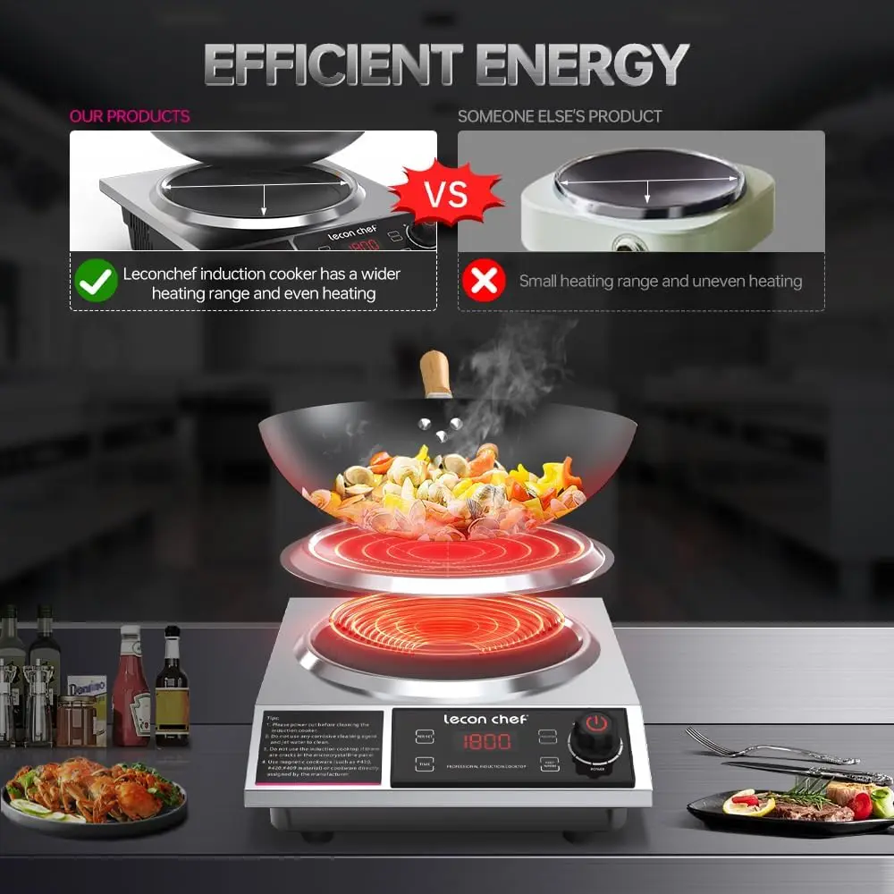 Lecorchef-Cuisinière à induction électrique professionnelle avec wok, 1800W, Eva à induction avec réglage de 11 niveaux pour la cuisson, minuterie de 24 heures