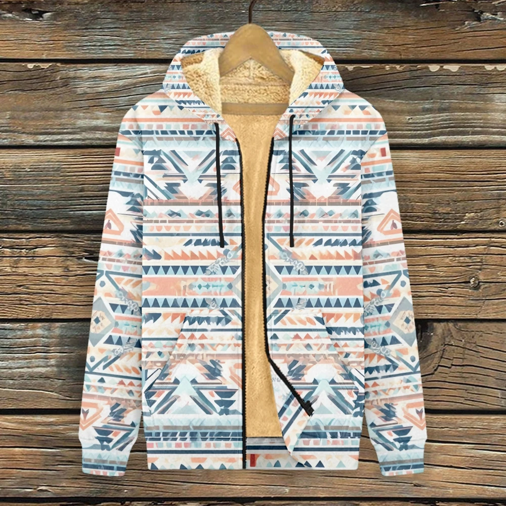 Soft Color Geometric Print Zip Up Hoodie Warm Fleece Lined Hooded Jacket Casual Streetwear Pullover with Pockets Plus Size